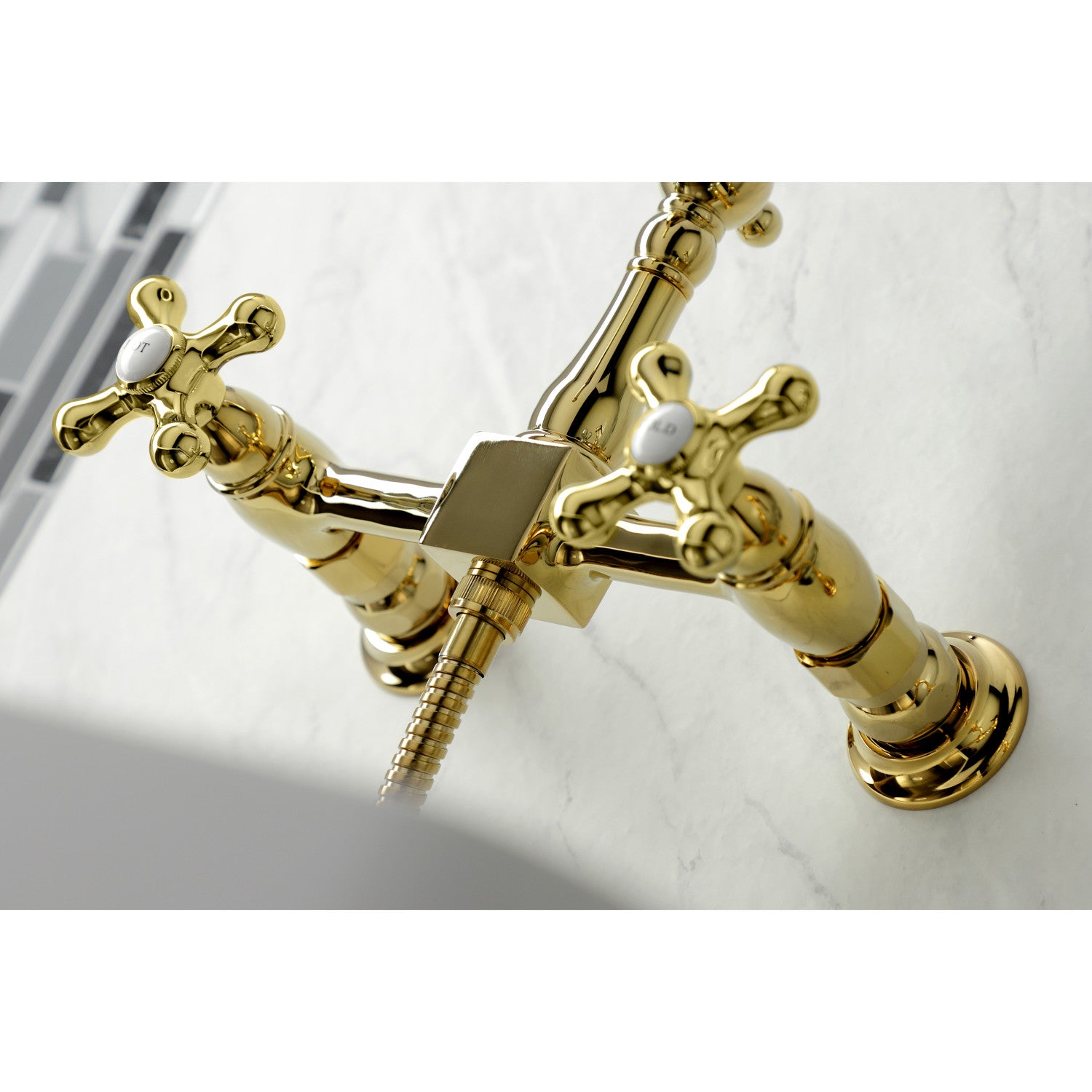 Kingston Heirloom KS1262AXBS - Heritage Two-Handle 3-Hole Wall Mount Bridge Kitchen Faucet with Brass Sprayer, Polished Brass — thumbnail 3